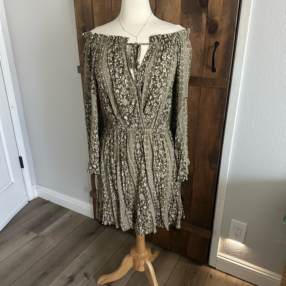 Elegant Olive Green Floral Off-Shoulder Dress